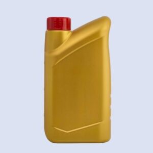 Yellow 1 liter HDPE engine oil jerry can with red cap front view