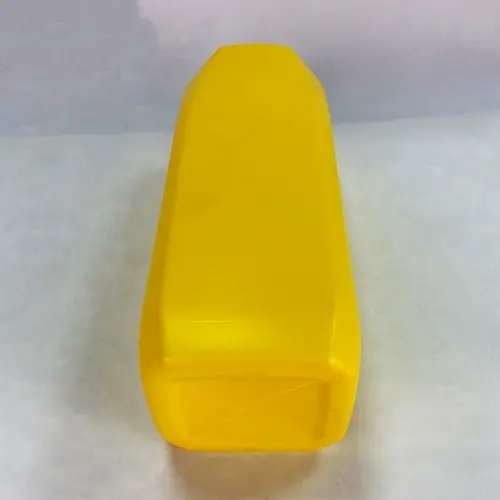 Bottom view of yellow square HDPE lubricant oil bottle