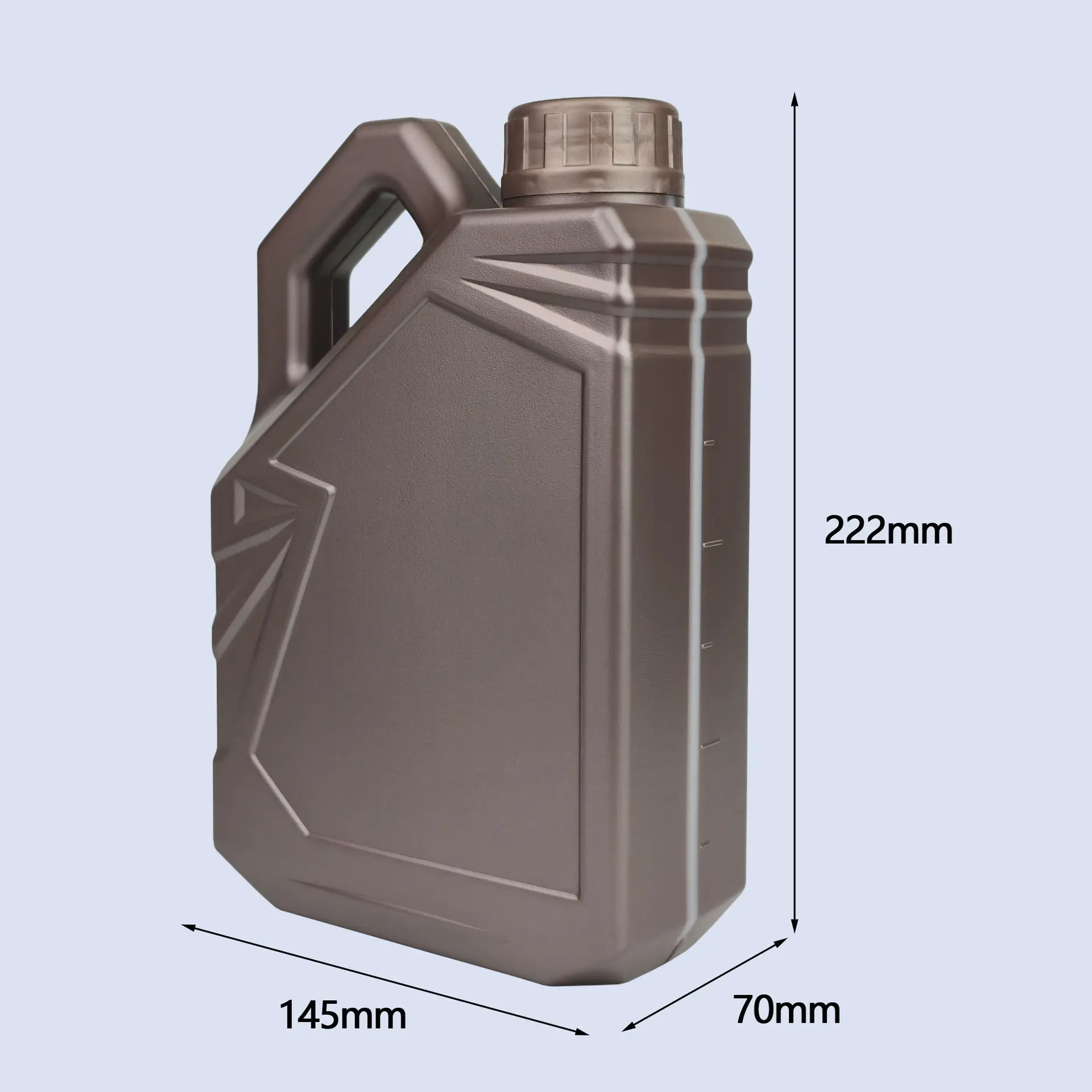 1.5 liter HDPE motor oil bottle with handle showing product dimensions.