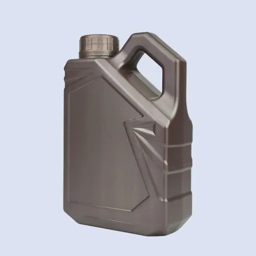 Angled view of 1.5 liter plastic motor oil bottle with ergonomic carry handle.