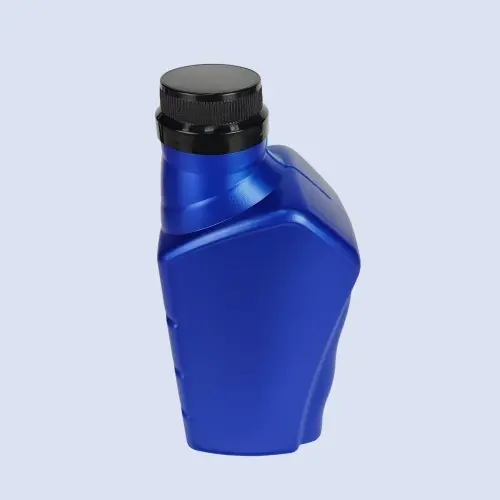 Angled view of 1000ml blue HDPE engine oil bottle for lubricant packaging.