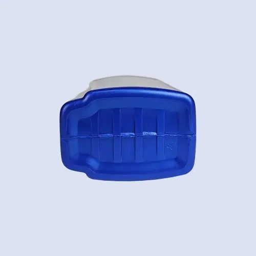 Bottom view of blue HDPE engine oil bottle for motor oil packaging.