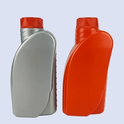 Grey and orange 1000ml HDPE engine oil bottles for lubricant packaging.