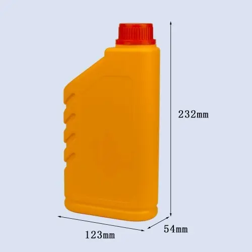 Dimension drawing of 1000ml HDPE engine oil bottle measuring 232mm height, 123mm width, and 54mm depth.