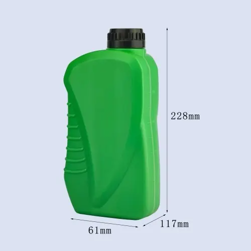 1000ml green HDPE engine oil bottle showing size and dimension details.