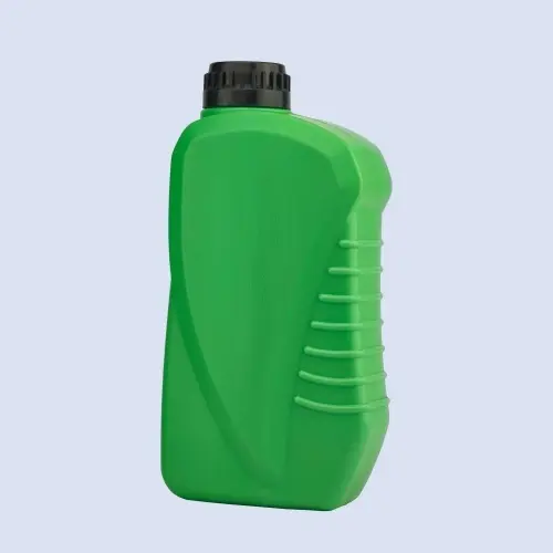 Front view of 1000ml green HDPE engine oil bottle with ergonomic side grip.