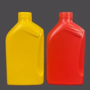 Yellow and red 1000ml HDPE engine oil bottles for lubricant packaging.