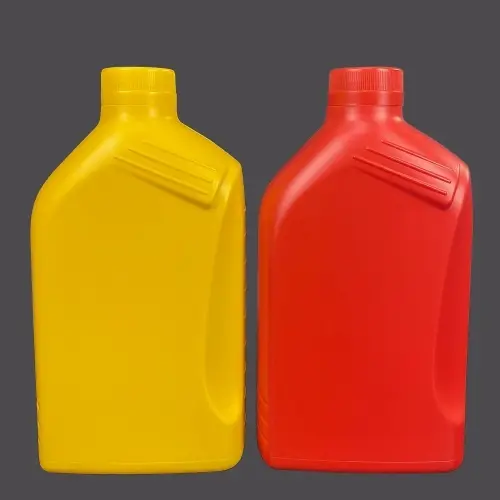 Yellow and red 1000ml HDPE engine oil bottles for lubricant packaging.