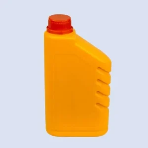 Front view of 1000ml HDPE engine oil jerry can bottle with ergonomic grip grooves and red screw cap.