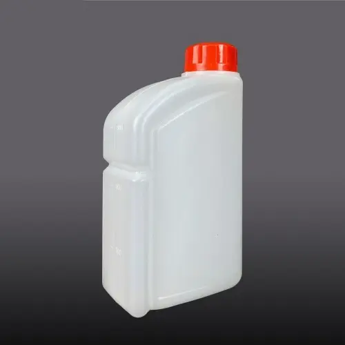 Angled view of white 1000ml HDPE lubricant oil bottle with rounded shoulder.
