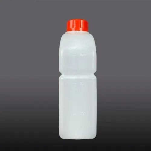 Front view of 1000ml HDPE lubricant oil bottle with rounded profile and red cap.