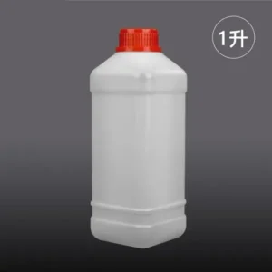 Front view of 1000ml square HDPE lubricant jerry can with red cap.