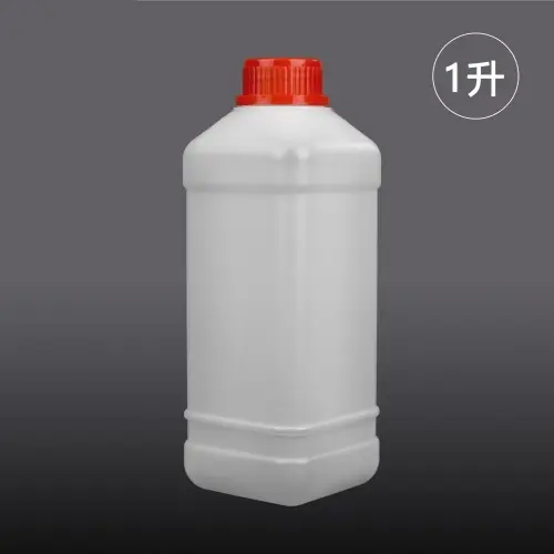 Front view of 1000ml square HDPE lubricant jerry can with red cap.