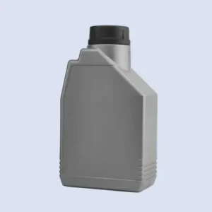 Angled view of empty 1 liter plastic engine lube oil bottle with black screw cap