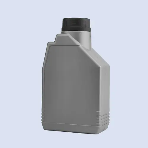 Angled view of empty 1 liter plastic engine lube oil bottle with black screw cap