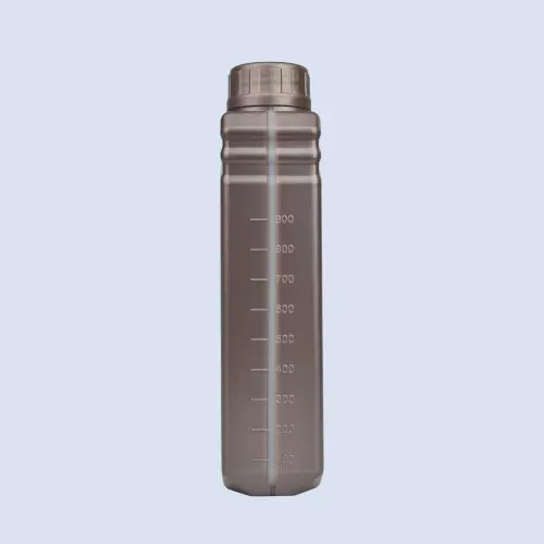 Side view of HDPE oil bottle with measurement markings and slim profile