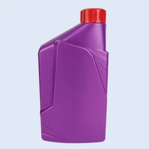 Front profile of purple plastic motor oil bottle with textured grip panel and modern body design
