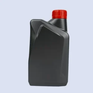Front view of black HDPE lubricant packaging bottle with textured grip area