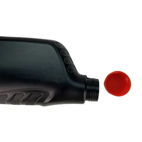 Close up view of black HDPE oil bottle neck with cap removed for induction seal compatibility