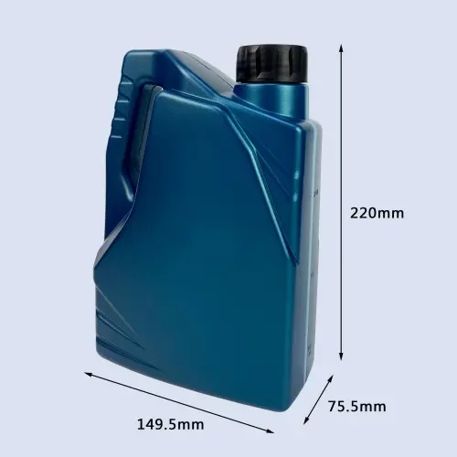 Blue 1.5 liter HDPE engine oil bottle with handle showing dimensions for lubricant packaging applications.