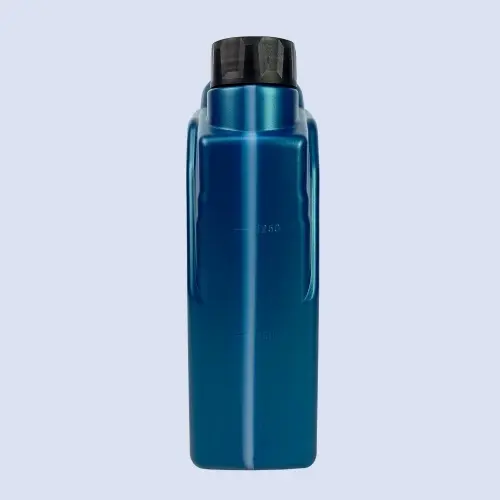 Side profile of blue 1.5 liter HDPE lubricant bottle designed for engine oil packaging.