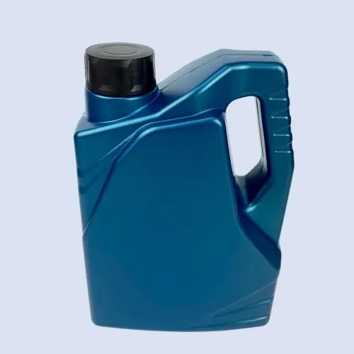 Rear angled view of blue 1.5 liter motor oil container with ergonomic handle and black cap.