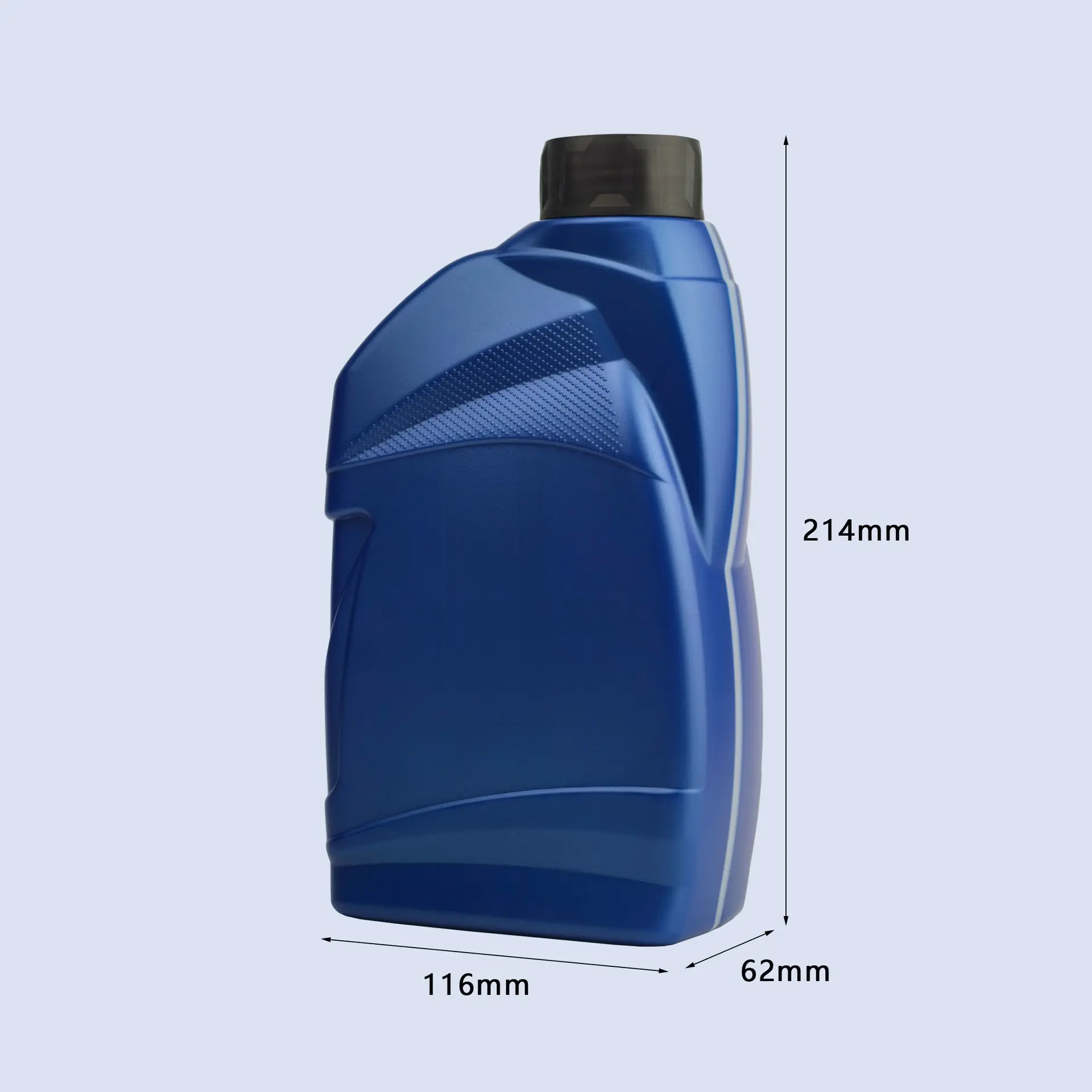 Dimension drawing of 1 liter blue HDPE automotive lubricant bottle measuring 214mm height, 116mm width and 62mm depth