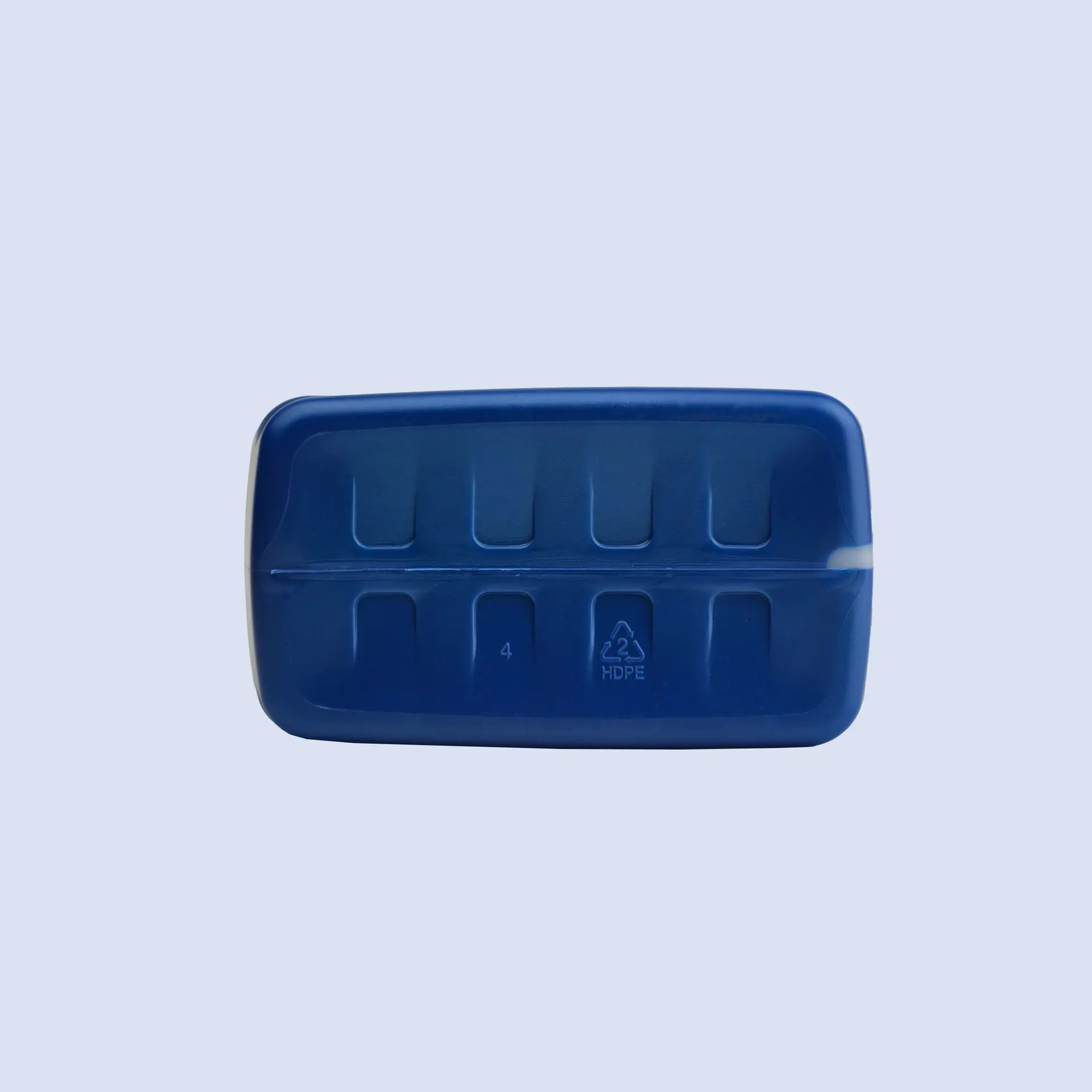 Bottom base view of blue HDPE motor oil bottle showing reinforced structure and stable packaging design