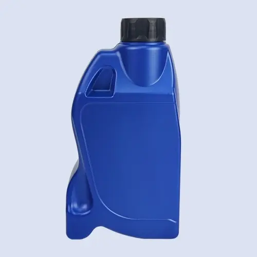 Blue color variant of the 1 liter HDPE engine oil bottle with integrated handle and black cap