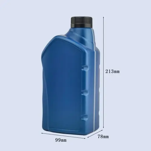 Dimension drawing of blue 1 liter engine oil bottle measuring 213mm height, 99mm width and 78mm depth