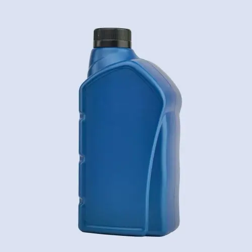Front angled view of blue 1 liter HDPE engine oil bottle with black screw cap and molded side contours