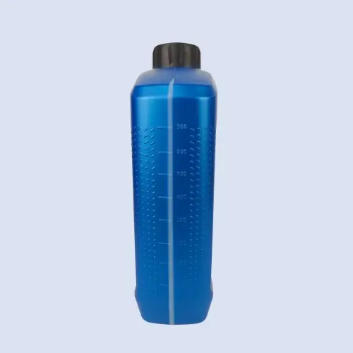 Rear view of blue plastic engine oil bottle featuring molded volume measurement markings and textured grip panels