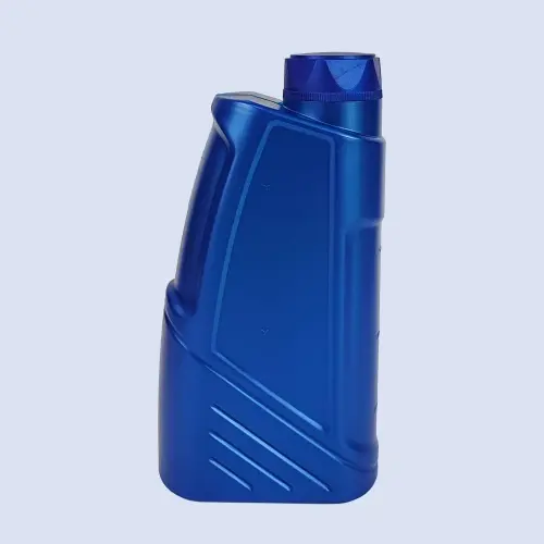 Front view of blue 1 liter HDPE oil measuring bottle for lubricant pack