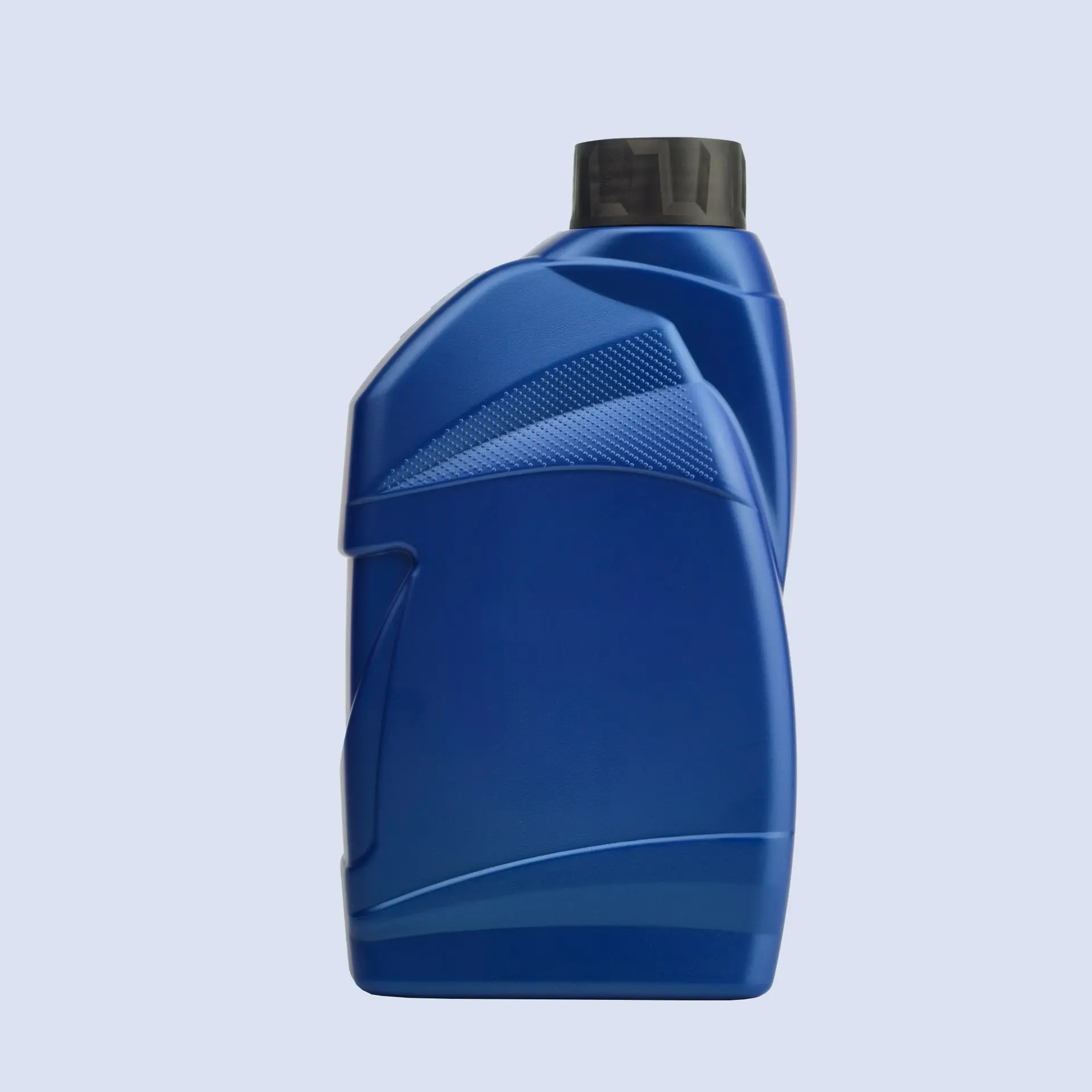 Front view of 1 liter blue HDPE lubricant bottle featuring ergonomic contours and wide label panel