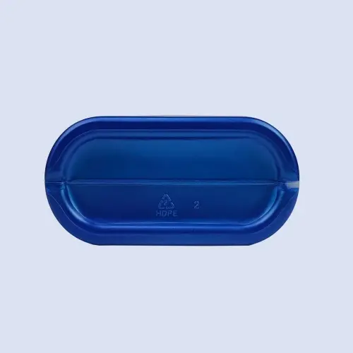 Bottom view of blue HDPE engine oil measuring bottle