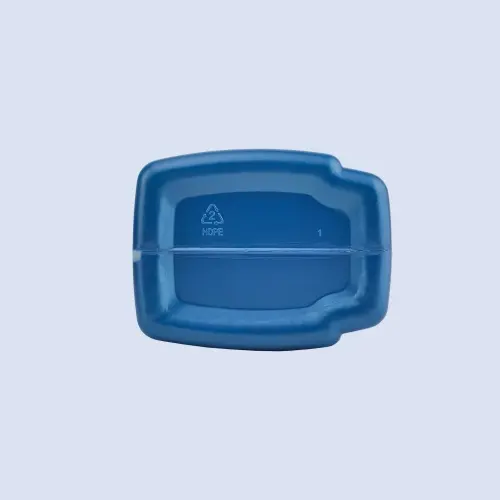 Bottom view of blue HDPE lubricant bottle displaying molded base and plastic identification mark