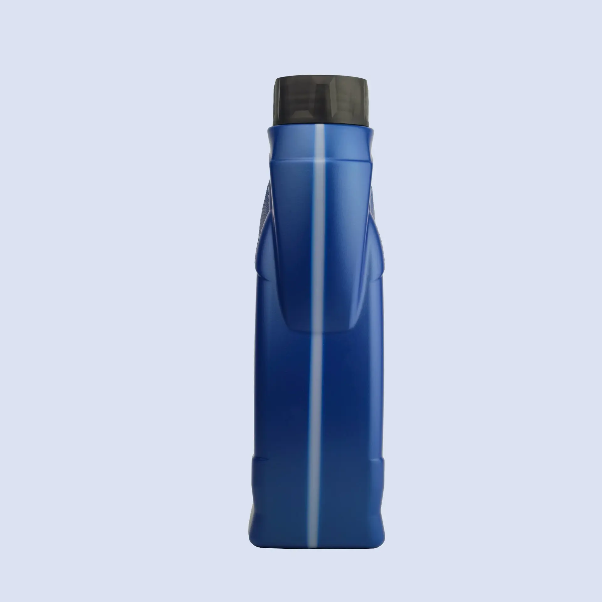 Side profile view of 1 liter blue HDPE engine oil bottle with black screw cap and ergonomic lubricant container design