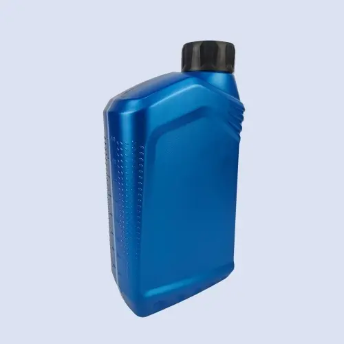 Angled perspective view of blue HDPE motor oil container with ergonomic body contours and textured side panel