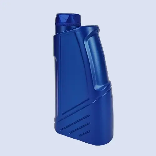 Angled view of blue 1 liter HDPE oil measuring bottle for engine oil packaging