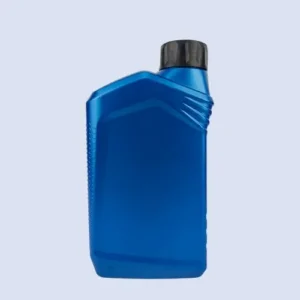 Front view of 1 liter blue lubricant packaging bottle with sloped shoulder design and black cap closure