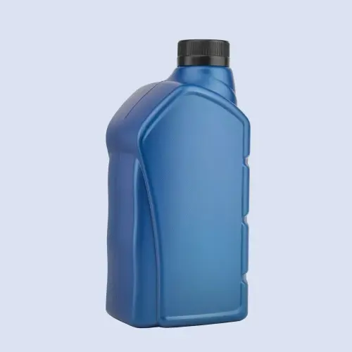 Three-quarter side view of blue lubricant packaging bottle with curved profile and reinforced body design