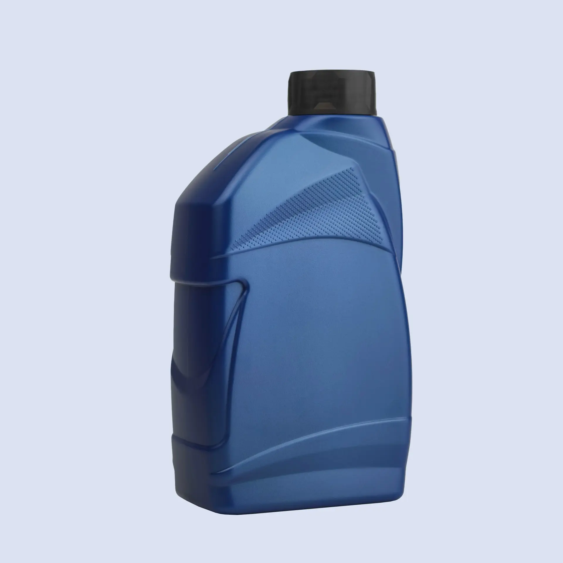 Angled front view of blue plastic engine oil container with textured grip panel and modern packaging shape