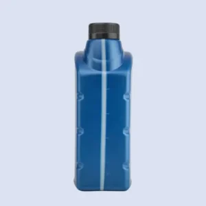 Rear view of blue motor oil packaging bottle showing measurement strip and ergonomic side grips