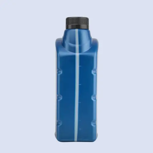 Rear view of blue motor oil packaging bottle showing measurement strip and ergonomic side grips