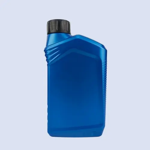 Side profile of 1 liter blue HDPE motorcycle engine oil bottle with black screw cap and compact lubricant packaging design