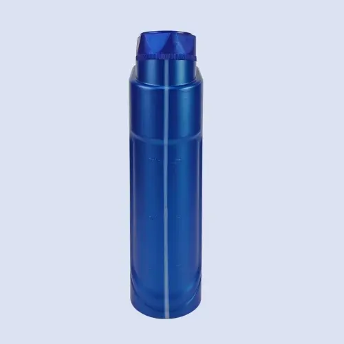 Side profile of 1 liter blue HDPE oil measuring bottle with measurement line