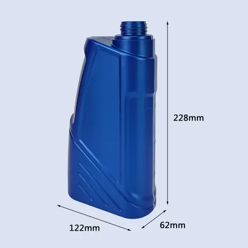 Dimensions of 1 liter blue HDPE oil measuring bottle with 228mm height and 122mm width