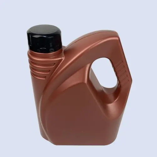 Angled view of brown 1.5 liter lubricant bottle with ergonomic handle and black screw cap.