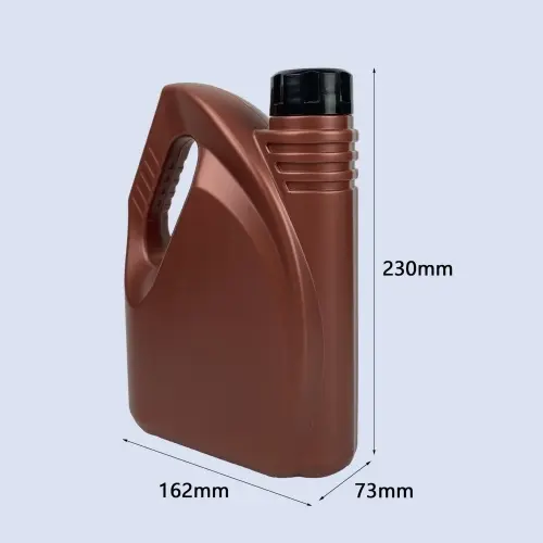 Brown 1.5 liter motor oil bottle with handle showing dimensions for lubricant packaging applications.