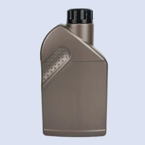 Front view of brown plastic motor oil bottle with ergonomic textured side panel